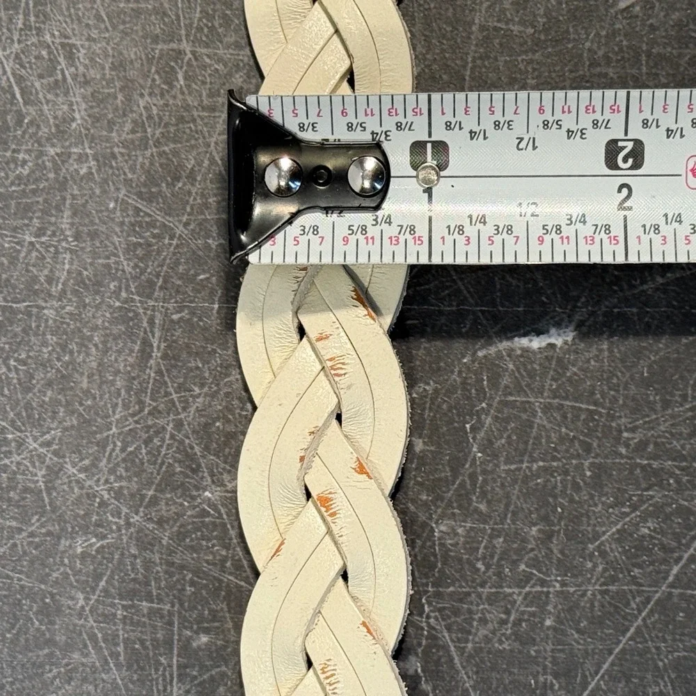 Women American Eagle Belt | Size 34 (10-12) | Cream Braided Leather Brass Buckle
